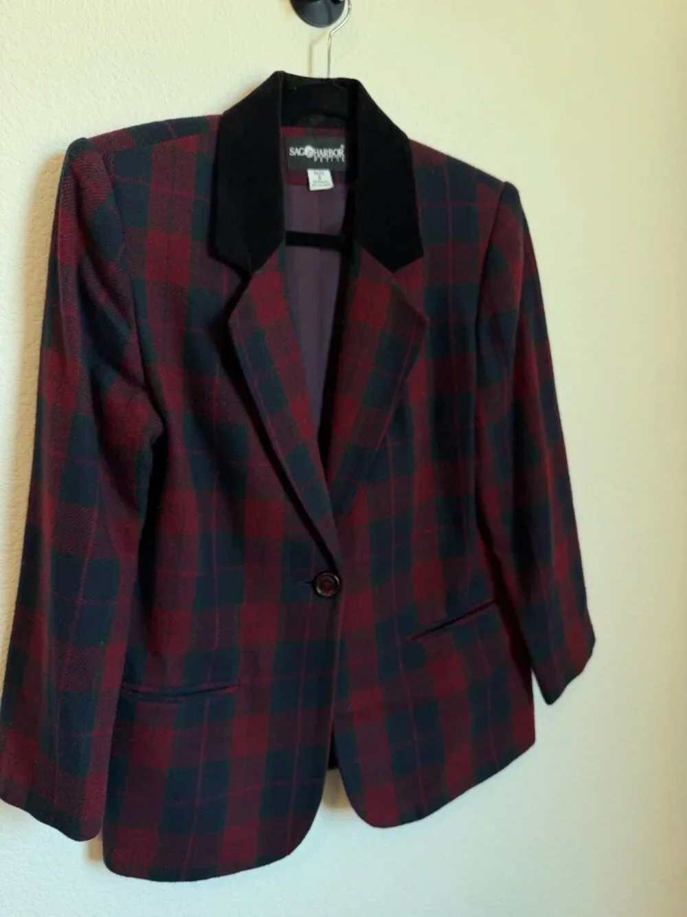Vintage Sag Harbor Petite Red Green Plaid Velvet Collar Blazer Jacket 6 - Picture 3 of 7